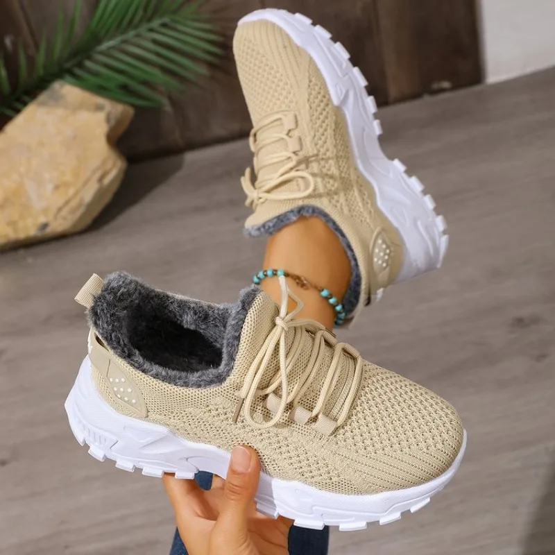 Women Winter Thermal Sneakers  - Knit Fabric Lace Up Sneakers review and price