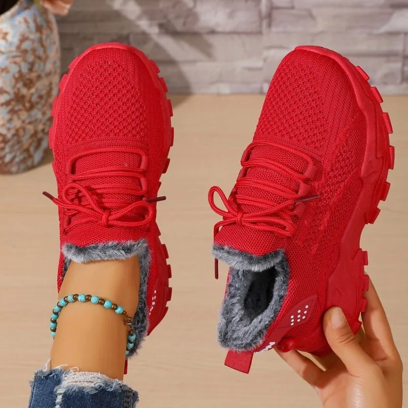 Women Winter Thermal Sneakers  - Knit Fabric Lace Up Sneakers review and price